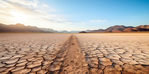 Fototapeta premium Cracked Lake Bed in Desert Surrounded by Mountains: A Stunning Aerial View. Concept Nature, Landscape, Aerial View, Geology, Photography