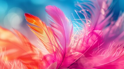  A tight shot of a pink-orange feather against a backdrop of blue and pink The feather's center part, displaying a blurred image, is situated near the