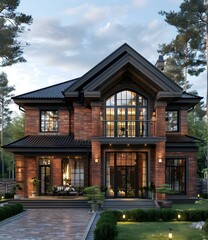 A large two-story brick house with a dark roof and a large balcony