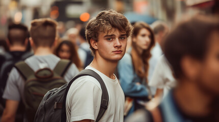 A young man in the middle of a crowd of people, He is in focus standing still while other people...