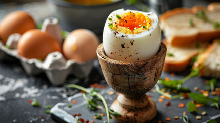 Boiled egg in a stand for breakfast, beautiful composition