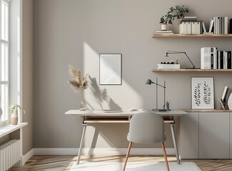 Minimalist home office interior with white desk, grey cabinet and shelf on the wall