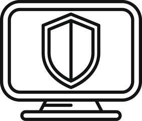 Line art illustration of a shield on a computer screen, symbolizing digital security