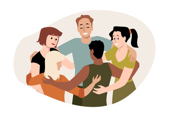 Obraz premium A circle of diverse men and women in a group hug. Close-up.