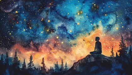 Imagine a realistic scene of a person stargazing at night