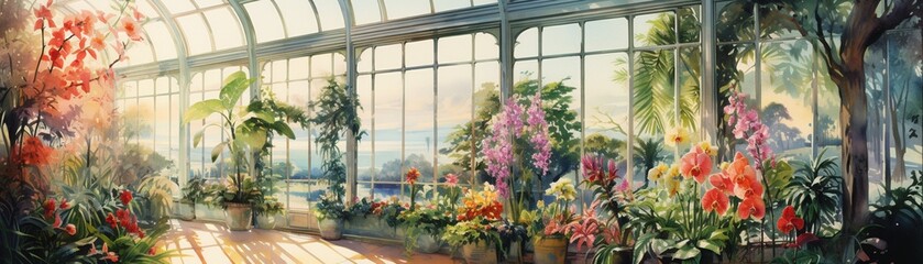Lush greenhouse with tropical plants, watercolor painting, vivid colors, soft lighting 8K , high-resolution, ultra HD,up32K HD