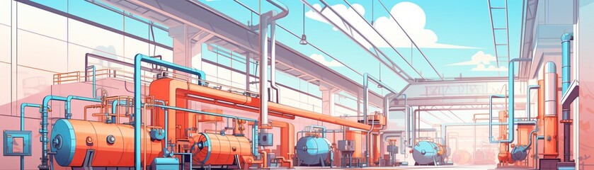 Minimalist factory interior with clean lines, vector art, pastel colors, simple design 8K , high-resolution, ultra HD,up32K HD