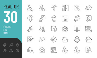 Realtor Editable Icons set. Vector illustration in modern thin line style of real estate related icons: agent, agency, contract, and more. Pictograms and infographics for mobile apps.