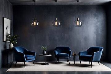 Living room or business lounge in deep dark colors with blue navy and gray furniture, empty wall mockup with black paint and decorative wood, luxury interior design reception room, 3D render

