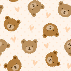 brown teddy bear cute hand drawn face with hearts and polka dot texture, pastel beige seamless pattern background