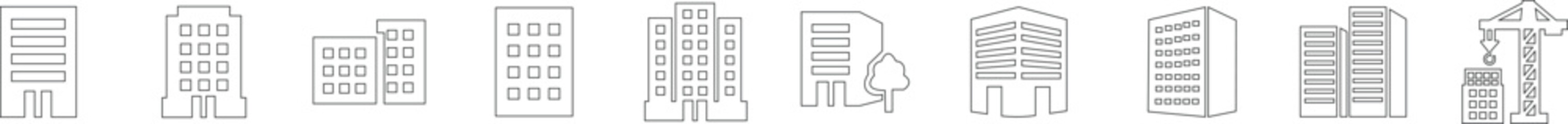 Building icon set containing house, office, bank, school, hotel, shop, university, city, real estate and hospital symbol. Solid line black vector collection isolated on transparent background
