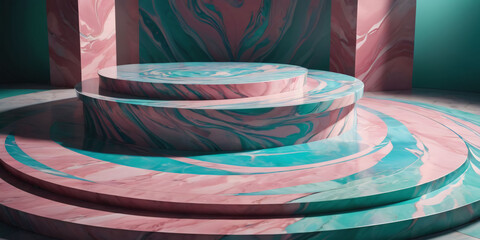 A pastel marbled podium with swirling patterns of pink, blue, and green, perfect for showcasing a unique and artistic product.