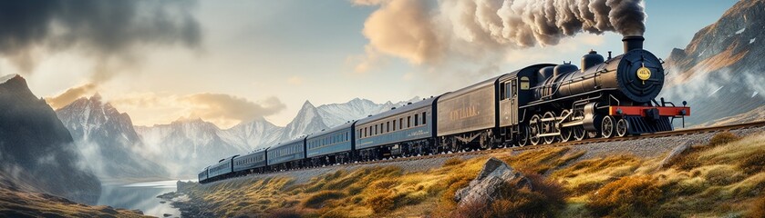 Naklejka premium Vintage steam train in the mountains, retro postcard style, muted colors, grainy texture 8K , high-resolution, ultra HD,up32K HD