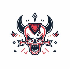 A skull with horns and a red bandana on its head