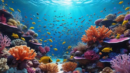 A vibrant coral reef teeming with colorful fish and marine life under crystal clear water. Generative AI.