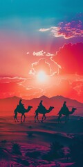 Fototapeta premium Three camels silhouetted against a vibrant sunset in the desert.