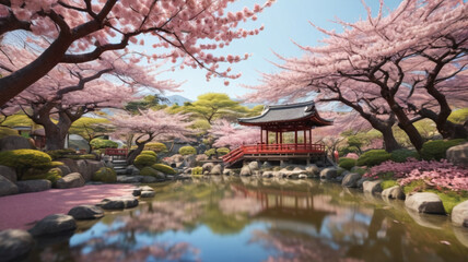 A serene Japanese garden with cherry blossom trees in full bloom and a traditional tea house. Generative AI.