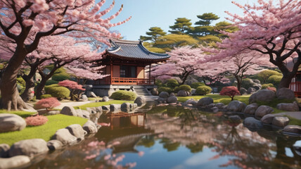Fototapeta premium A serene Japanese garden with cherry blossom trees in full bloom and a traditional tea house. Generative AI.