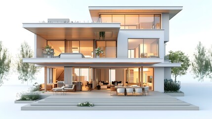 Modern house exterior with large glass windows