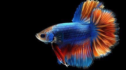 Fototapeta premium A tight shot of a blue-orange fish against a black backdrop The fish sports a red-white stripe on one side of its head