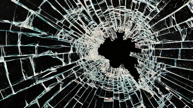 Broken glass on a dark background. After the impact, the glass surface has cracks diverging from the point of impact or bullet hit. The concept of destruction, vulnerability and fragility of existence
