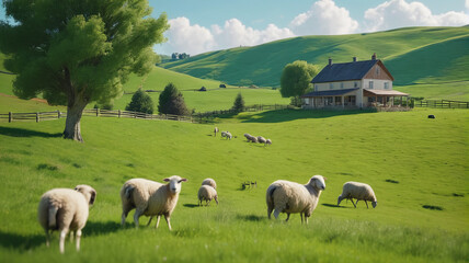 Obraz premium A peaceful countryside with rolling green hills, grazing sheep, and a quaint farmhouse. Generative AI.