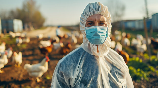 Bird flu virus outbreak, Avian influenza, infectious disease spreading to mammals and humans, sick animals, farmer with chicken