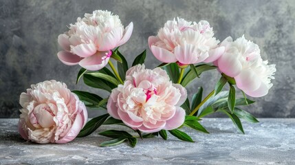  Group of pink flowers atop gray stone counter, near green plant against gray backdrop featuring a wall