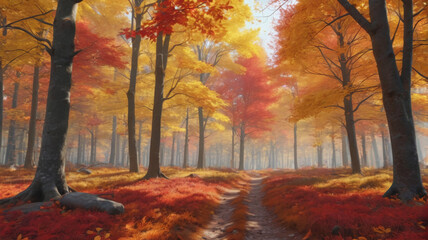 A vibrant autumn forest with trees displaying a spectrum of red, orange, and yellow leaves. Generative AI.