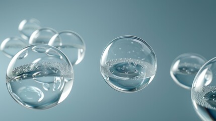  A collection of water bubbles overlapping on a blue-gray backdrop Below, the bubble reflections are mirrored in the bottom half