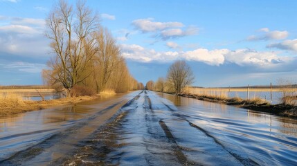 The flooding of the river in the spring inundates the road with water