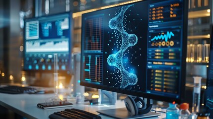 Naklejka premium Modern computer screen displaying data and scientific visualizations in a research lab with advanced technology equipment.