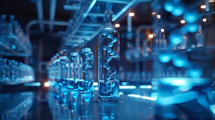 Futuristic laboratory with glowing blue chemical vials in a row, showcasing advanced scientific equipment and technology.