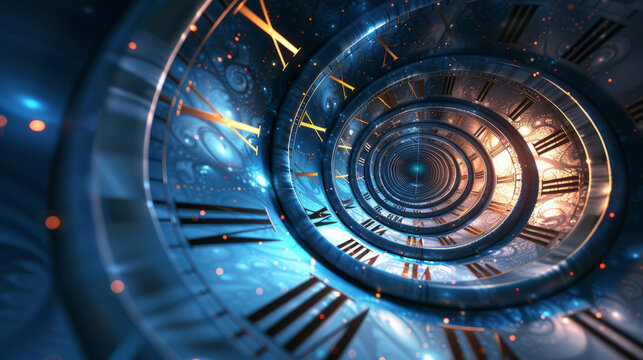 Intricate Spiral Clock with Roman Numerals. Concept of time travel and infinite loop