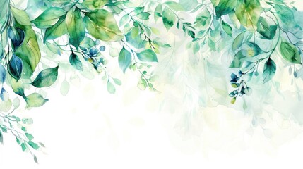 Watercolor border with green hues branch and blue floral elements Ideal for weddings invites cards and wallpapers