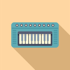 Flat design icon of a blue synthesizer keyboard with a shadow, suitable for musicrelated content