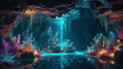 A mystical underwater cave with glowing crystals and exotic sea creatures. Generative AI.