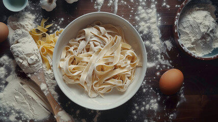 Preparing traditional italian pasta, dough with ingredients, eggs and flour, homemade mediterranean food