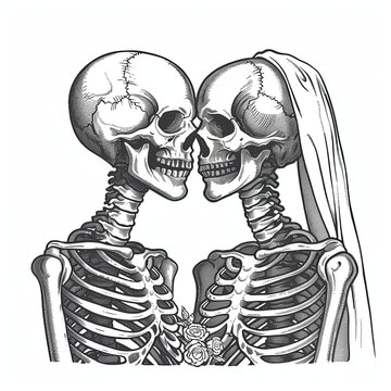 A wedding ceremony where the bride and groom are skeletons. The image is black and white. The scene is romantic and a bit creepy. Illustration for cover, card, interior design, decor or print.
