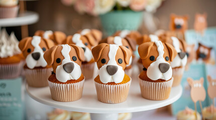 cute muffins decorated with dog characters, pet birthday party, doglover sweets pastry