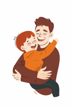 Father holding his child in his arms, both laughing together. Father's Day, dzień taty, tata I syn, ilustracja