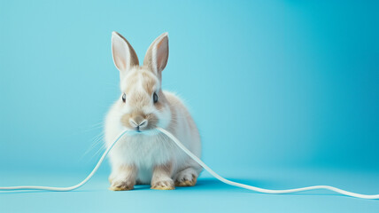 Fototapeta na wymiar Domestic rabbit or bunny nibbles on a power cable, cute animal chewing electrical line, naughty pet at home