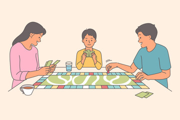 Happy family plays board game, moving through colorful maps, spending free time together