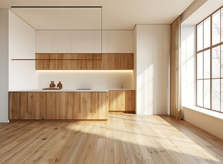 Minimalistic wooden kitchen interior with white walls, beige and wood floor, 