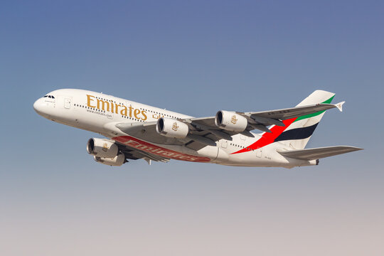 Emirates Airbus A380-800 airplane at Dubai Airport in the United Arab Emirates