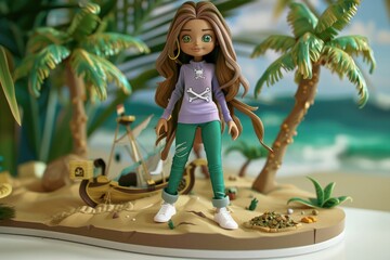 Treasure-hunting pirate girl with long hair, lavender jumper, desert island background.