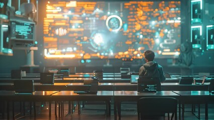 A person is seated at a table in a futuristic classroom, engaging with a large holographic screen, A futuristic classroom scene with holographic displays and interactive learning tools