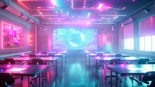 A futuristic classroom with numerous tables and chairs arranged for learning and collaboration, A futuristic classroom scene with holographic displays and interactive learning tools