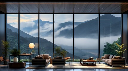 Modern living room with expansive mountain view through large windows
