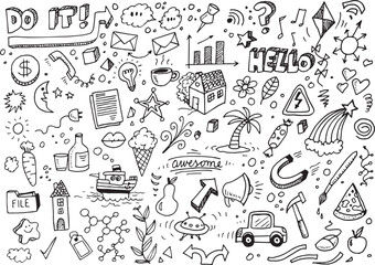 Set of different doodles, hand drawn vector elements on white background